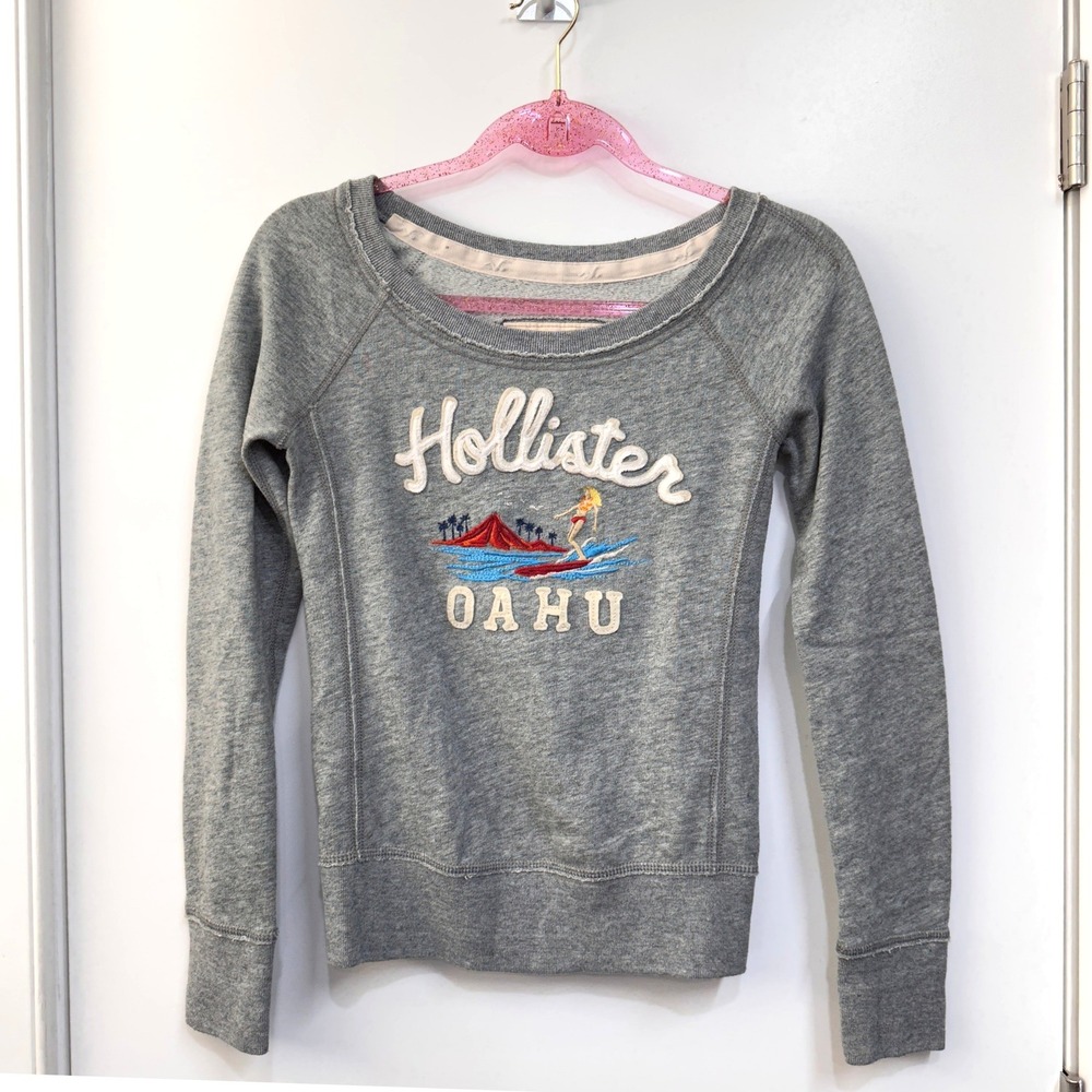 Hollister Oahu Hawaii Sweatshirt S Surfer Y2K Embroidered Gray Scoop Neck Beachy